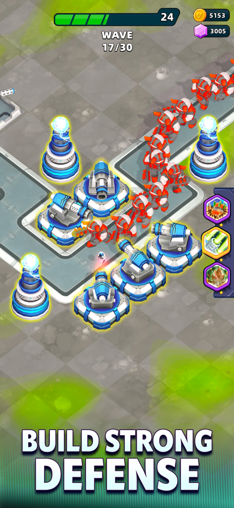 Captura de pantalla del juego de Raid Rush Tower Defense mostrando torres atacando una oleada de enemigos robóticos rojos en un camino personalizado.