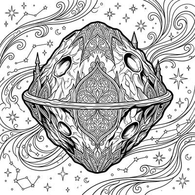 Dive into a unique celestial journey with this Gothic Ryugu Asteroid coloring page. Adorned with intricate Victorian patterns and mysterious spires, it offers a captivating artistic challenge for all ages.