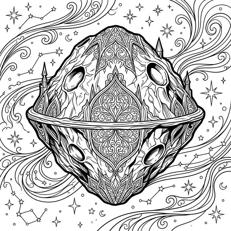 Dive into a unique celestial journey with this Gothic Ryugu Asteroid coloring page. Adorned with intricate Victorian patterns and mysterious spires, it offers a captivating artistic challenge for all ages.