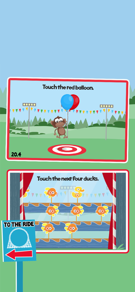 Capturas de pantalla del juego The Moron Test 2 que muestran acertijos y pruebas de lógica con temática de feria.