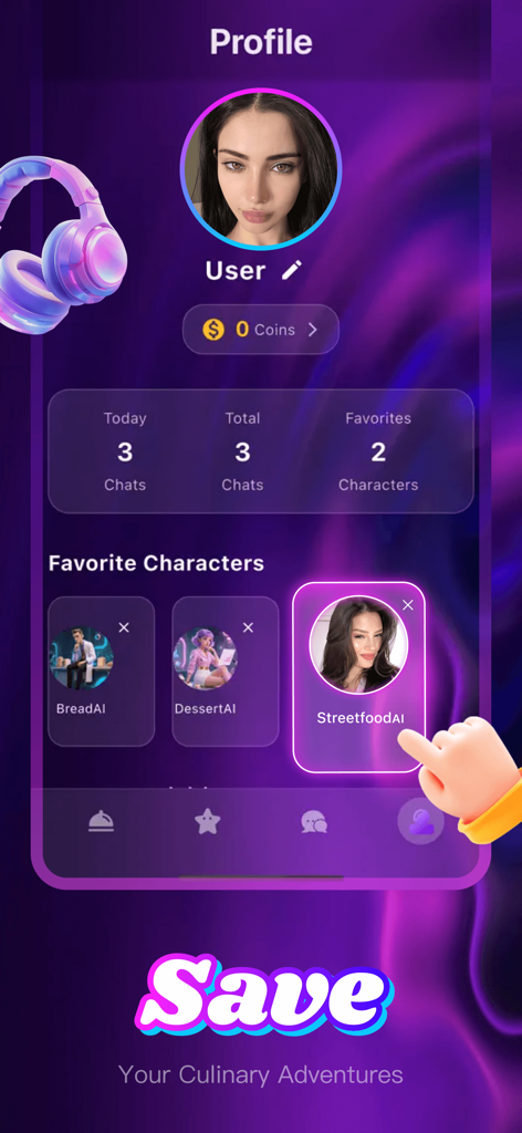 Tammo app user profile screen showing statistics and favorite AI culinary experts like BreadAI and StreetfoodAI