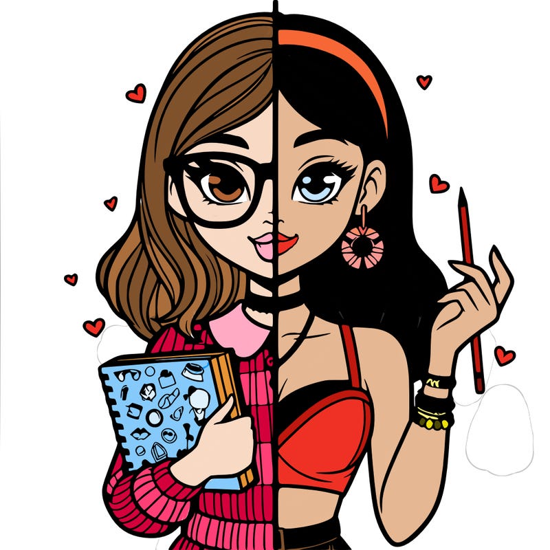 split with one side of girl nerd and one side popular