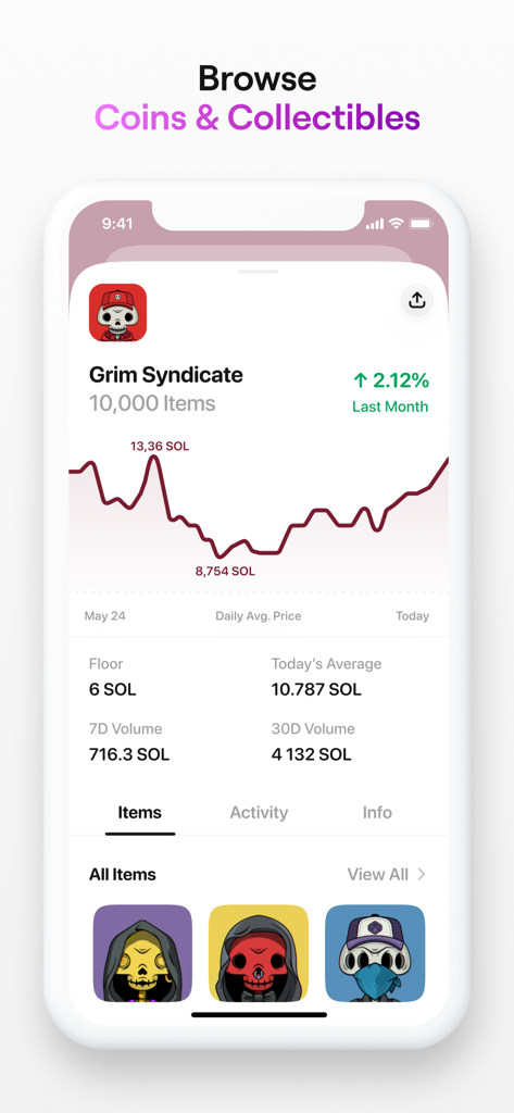 Glow — Solana Wallet - Interfaz móvil de la billetera Glow Solana que muestra una colección de NFT con gráficos de precios y datos del mercado.