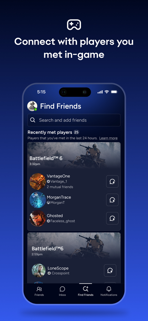 Écran Trouver des amis de l'application mobile EA Connect affichant des joueurs de Battlefield 6 rencontrés récemment sur différentes plateformes de jeu