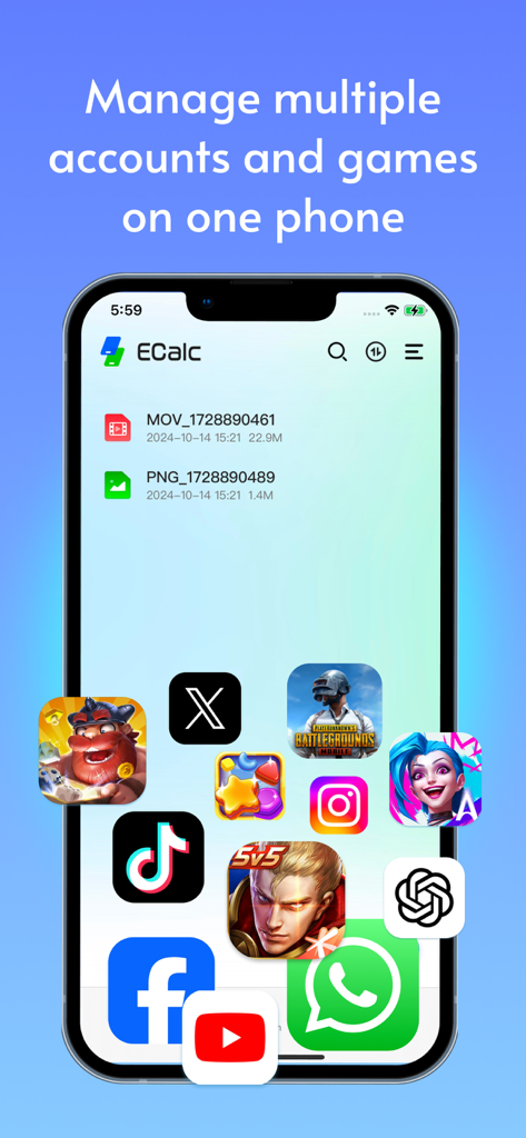 Ecalc Cloud - Interface do telefone virtual Ecalc Cloud para gerenciar várias contas de mídia social e de jogos.