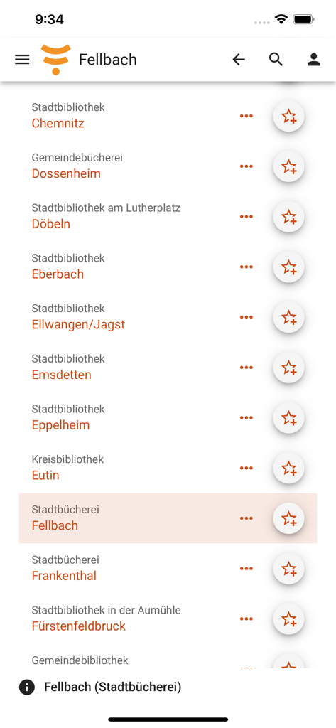 ChemnitzやFellbachなどのドイツの公共図書館のリストを表示するモバイルアプリインターフェース