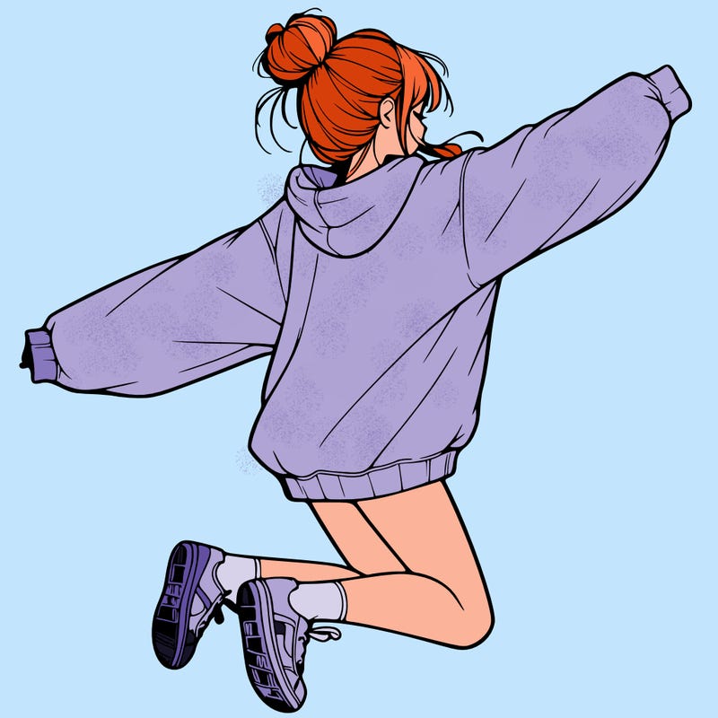 realistic girl jumping with a bun and oversized sweatshirt