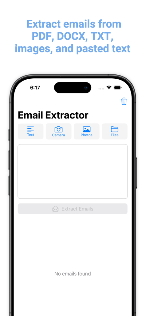 Interfaz principal de la aplicación Extractor de Correos Pro mostrando opciones para extraer correos de fotos de cámara de texto y archivos