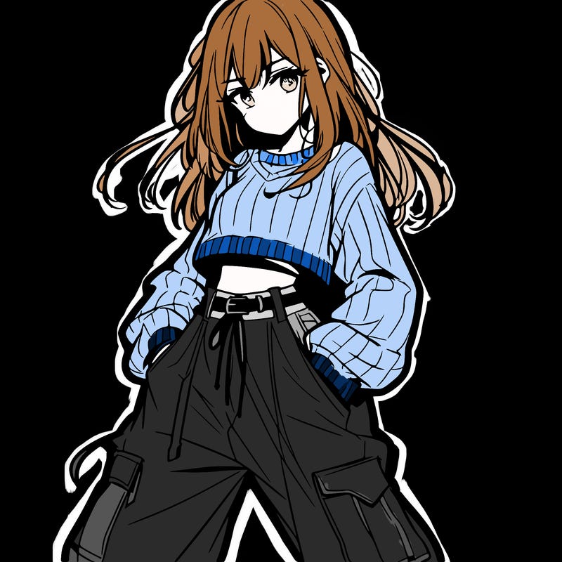 anime teen girl with baggy pants and crop top with sweater