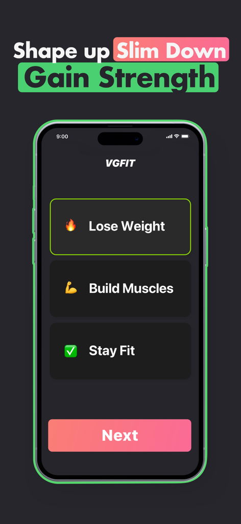 VG Fit app screen for choosing fitness goals like lose weight, build muscles, and stay fit.