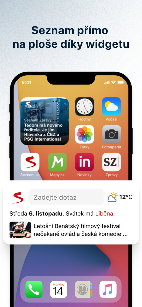 Seznam.cz app widgets on an iPhone home screen showing news weather and search bar