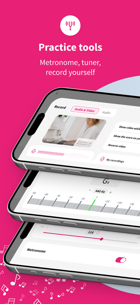 Tomplay app screenshot showing music practice tools including a metronome tuner and video recording feature