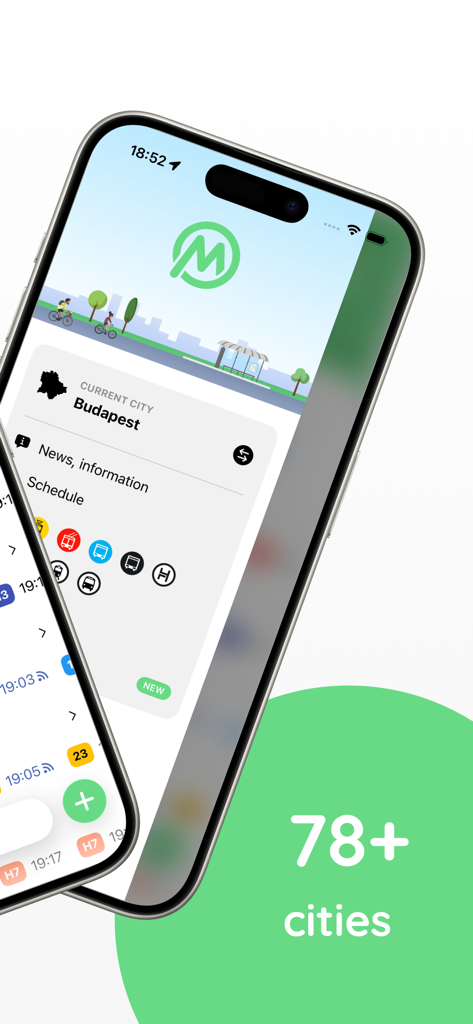 MenetrendApp-Oberfläche mit Nahverkehrsplänen für über 78 ungarische Städte