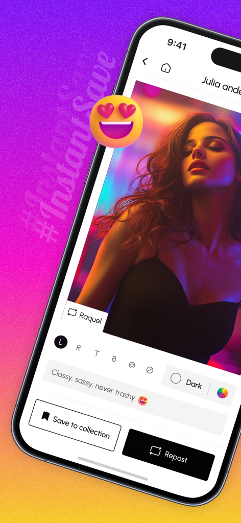 InstantSave: Repost Story,Reel - InstantSave mobile app screen showing options to repost an image and save it to a collection.