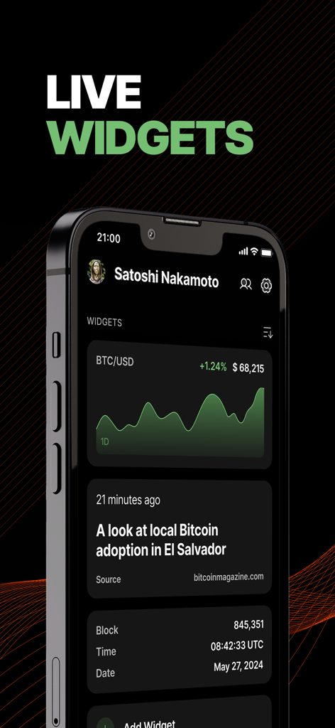Bitkit: Bitcoin Wallet - Bitkit mobile app screen displaying customizable live widgets for bitcoin price tracking and crypto news