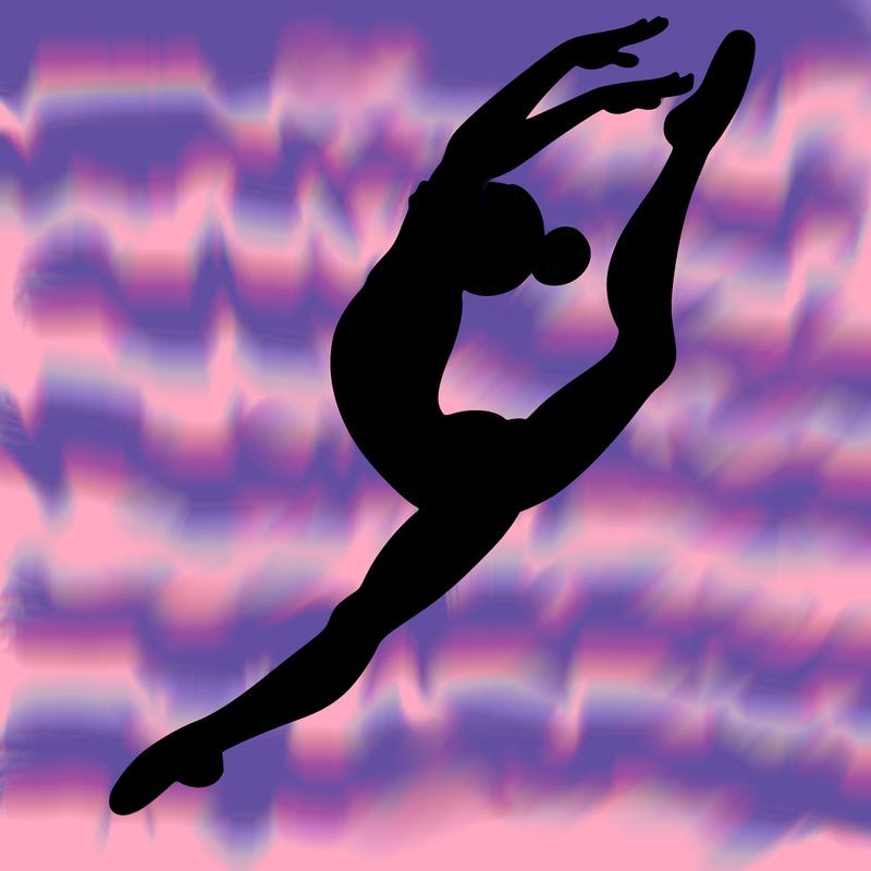 gymnast doing a leap in a leotard with a bent back leg