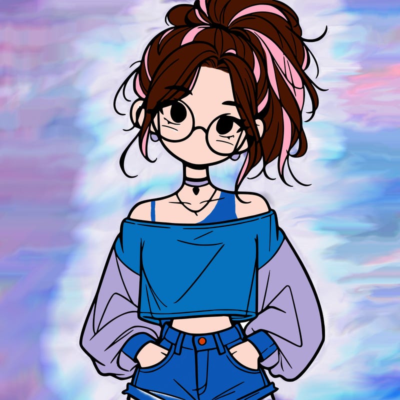 girl with a messy ponytail glasses a baggy crop top and jean shorts