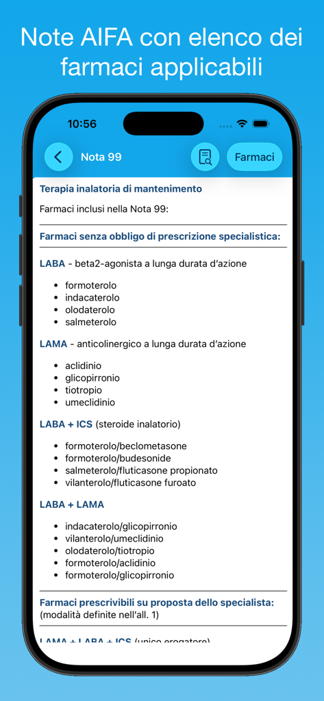 iFarmaci Premium - Captura de pantalla de iPhone de la aplicación iFarmaci Premium que muestra las Notas AIFA 99 con una lista de ingredientes activos para terapia de inhalación.