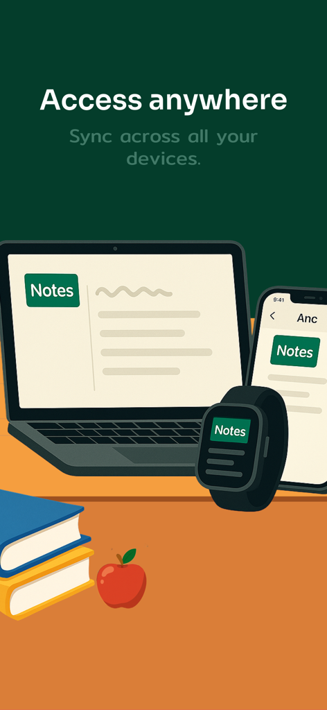 Graphic showing notes syncing across laptop, smartphone, and smartwatch devices