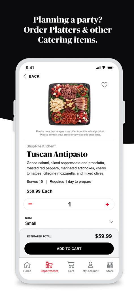 ShopRite Order Express - ShopRite Order Express app screen displaying a Tuscan Antipasto catering platter for party planning and online ordering.