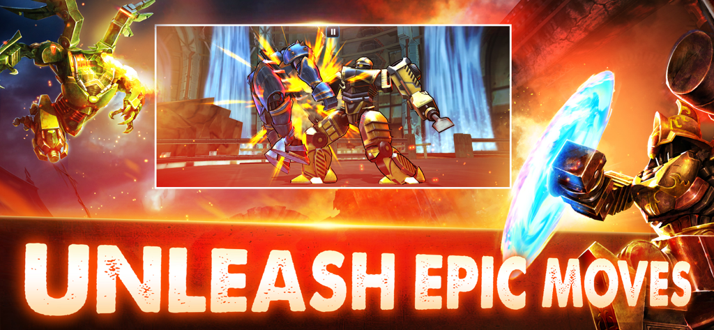 Deux robots mécaniques s'affrontent dans une arène avec le texte « Déchaînez des mouvements épiques ».