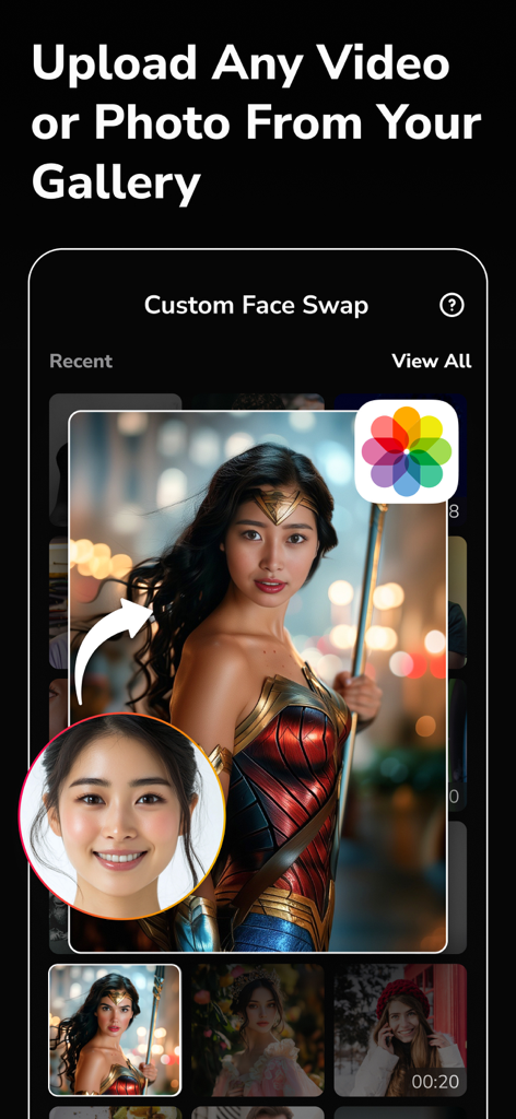 Swappy: Face Swap AI Generator - Interface of Swappy app showing a custom face swap into a superhero costume using a photo from the user gallery
