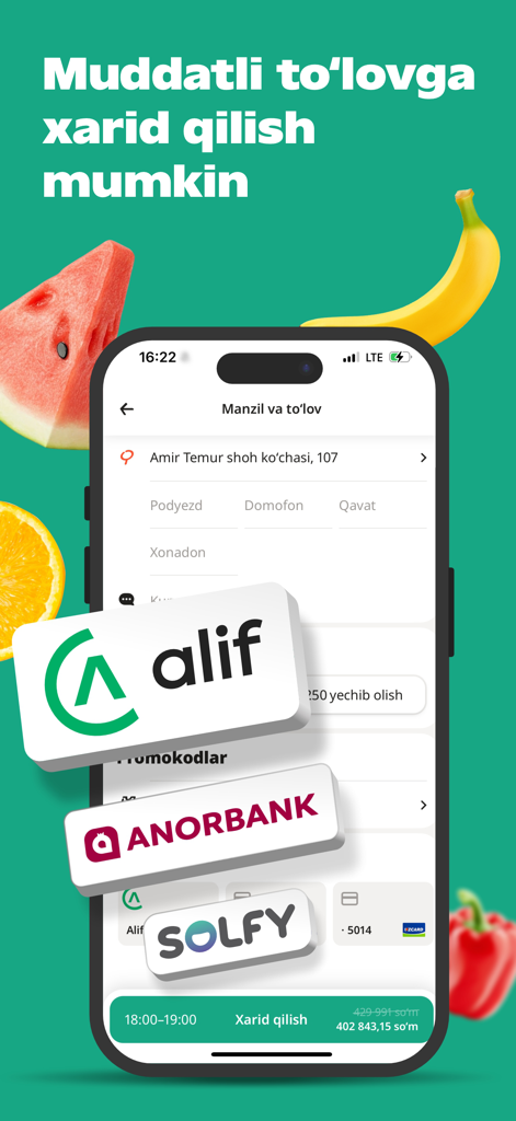 Écran de paiement de l'application Korzinka Go montrant les options de paiement échelonné avec Alif Anorbank et Solfy