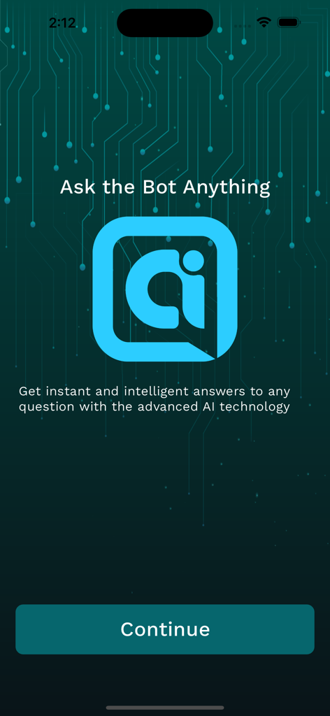 ChatPro - AI Assistant - Welcome screen of ChatPro AI Assistant app featuring a call to action to ask the bot anything and a continue button