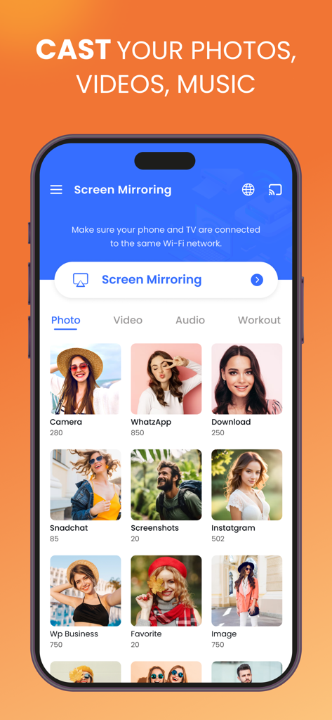 Iphone app interface for screen mirroring and casting photos to a smart TV
