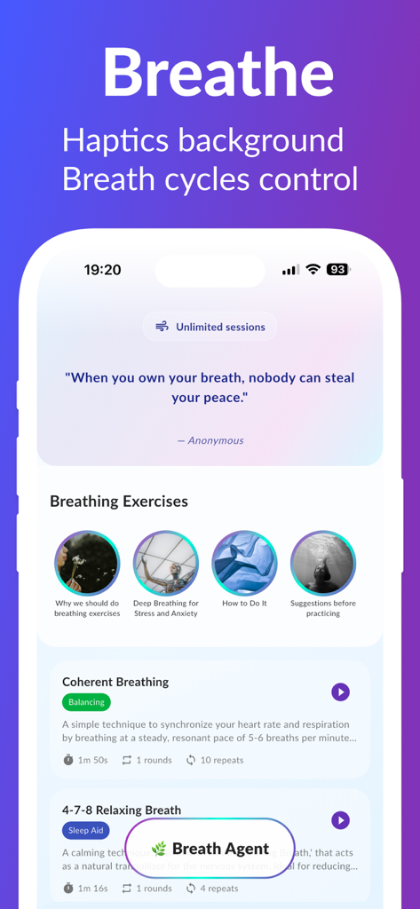 Vibrator Zen Strong Vibration - Pantalla de ejercicios de respiración guiada en la aplicación Vibrador Zen mostrando fondo háptico y controles de ciclo de respiración