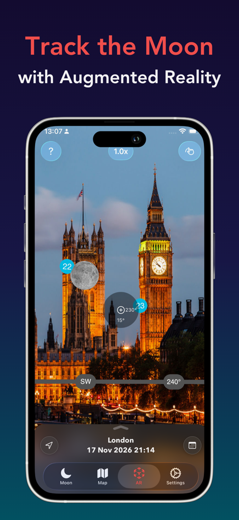 Moon Tracker - Moon Tracker app showing the moon position in augmented reality over Big Ben in London.