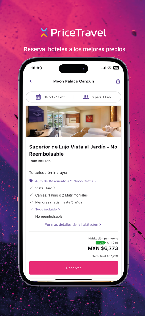 PriceTravel app interface displaying a hotel room reservation for Moon Palace Cancun in Spanish.