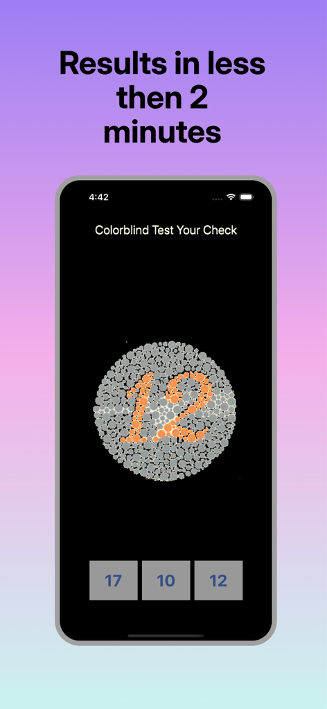 A smartphone showing an Ishihara color vision test with the number 12 inside a circle of dots.