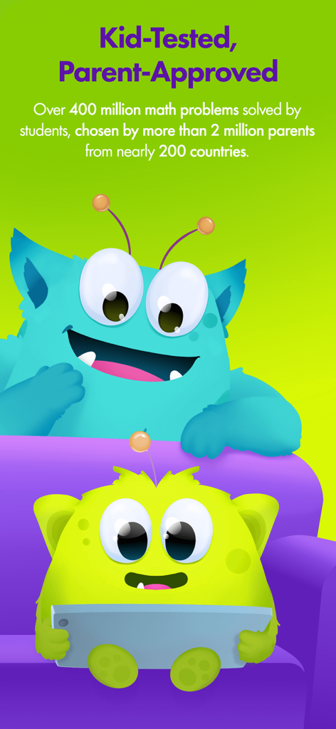 AdaptedMind Math: Learning App - Two colorful monsters using a tablet with text highlighting the app is kid tested and parent approved
