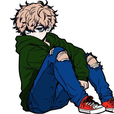a male hoddie ripped jeans messy hair anime