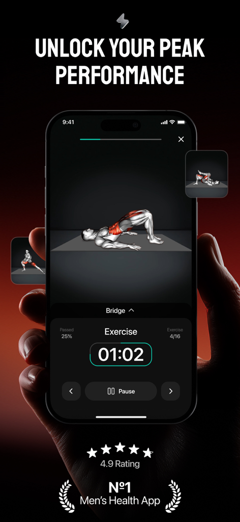 Kegel Men Exercises | KegelX - KegelX App-Oberfläche, die eine männliche Brückenübung für die Beckenbodengesundheit zeigt.