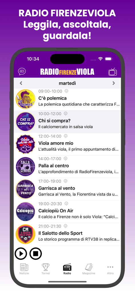 FirenzeViola.it - FirenzeViola app radio schedule screen showing daily soccer talk shows and programs