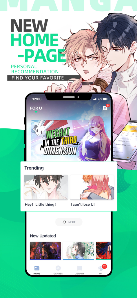 Página de inicio de la aplicación Ur Manga con recomendaciones personales y títulos de manga de moda