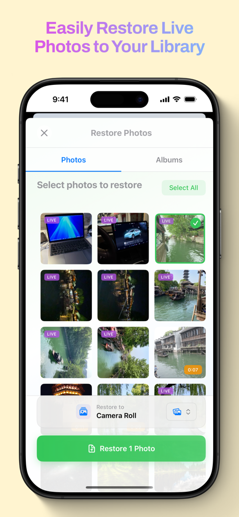 BackiGo - 기기 카메라 롤로 라이브 사진을 선택하고 복원하기 위한 BackiGo 앱 인터페이스