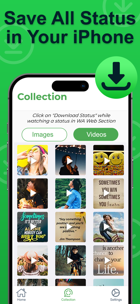 Status Saver app showing a gallery of saved WhatsApp images and videos on iPhone