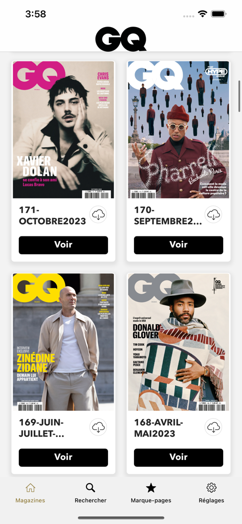 Interfaz de la aplicación GQ Magazine France que muestra ediciones digitales con portadas de celebridades