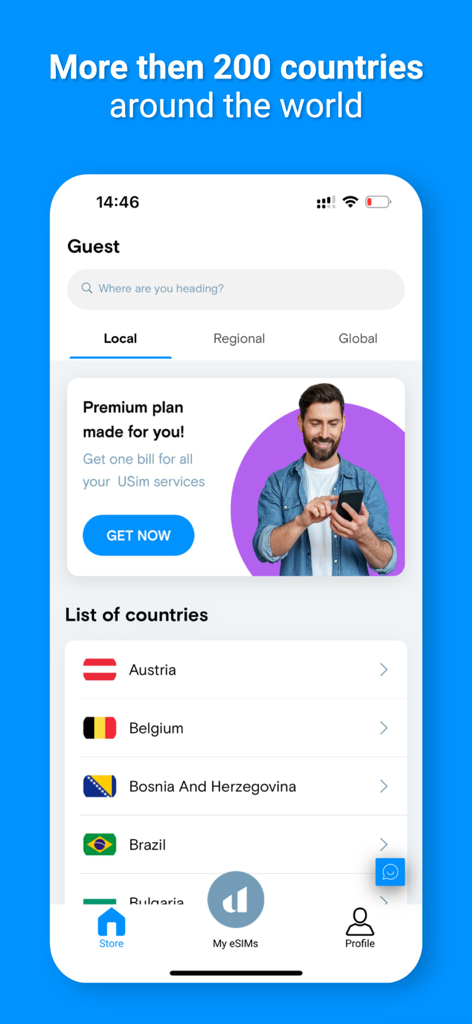 Mobile app screen for USim showing international data plans for over 200 countries