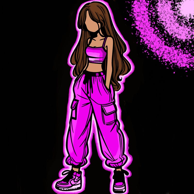 girl in baggy pants crop top and long hair