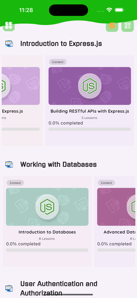 Learn Nodejs and Expressjs - Una interfaz de aplicación móvil que muestra varios módulos de aprendizaje de Node.js y Express.js y el progreso del curso.