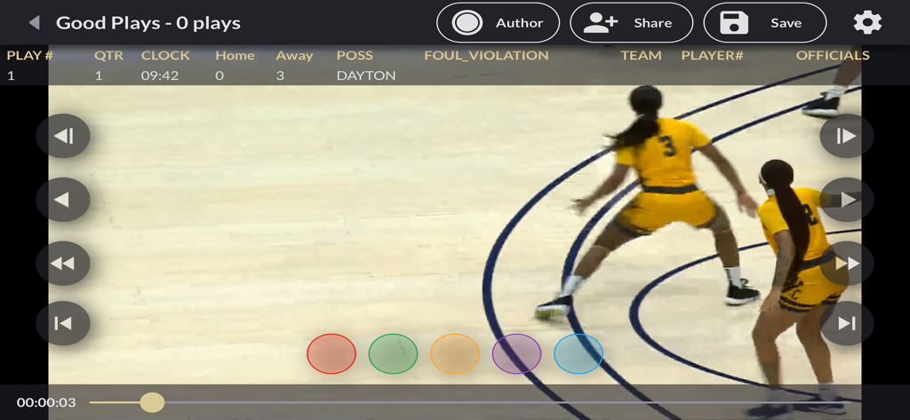 DVSport 360 - Basketball game film review interface in the DVSport 360 app with playback controls and play data