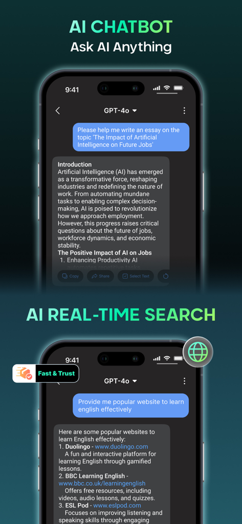 AI Chat: AI Chatbot 5 0 - Interface do AI Chatbot mostrando escrita de redações e recursos de busca em tempo real