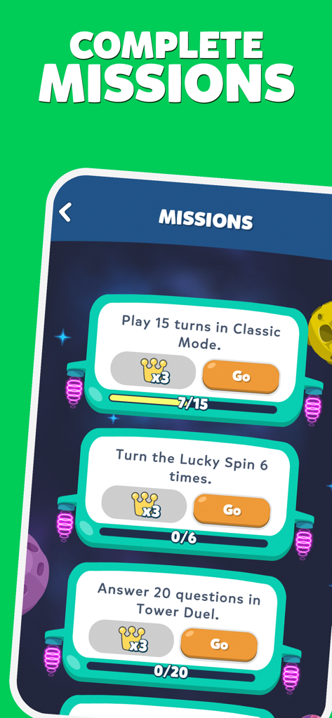 Trivia Crack Retro missions screen showing a list of daily challenges and progress bars