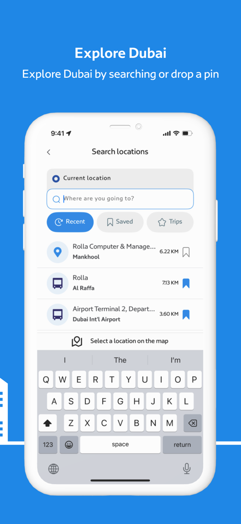 S'hail app screenshot showing the location search screen with recent and saved travel destinations in Dubai