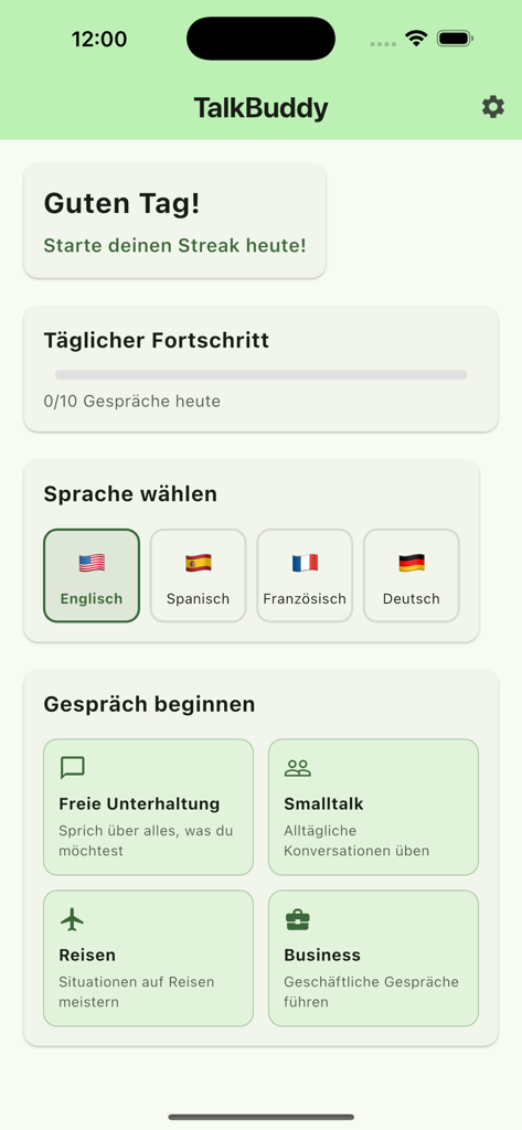TalkBuddy - TalkBuddy app home screen showing language selection and conversation categories including travel business and small talk