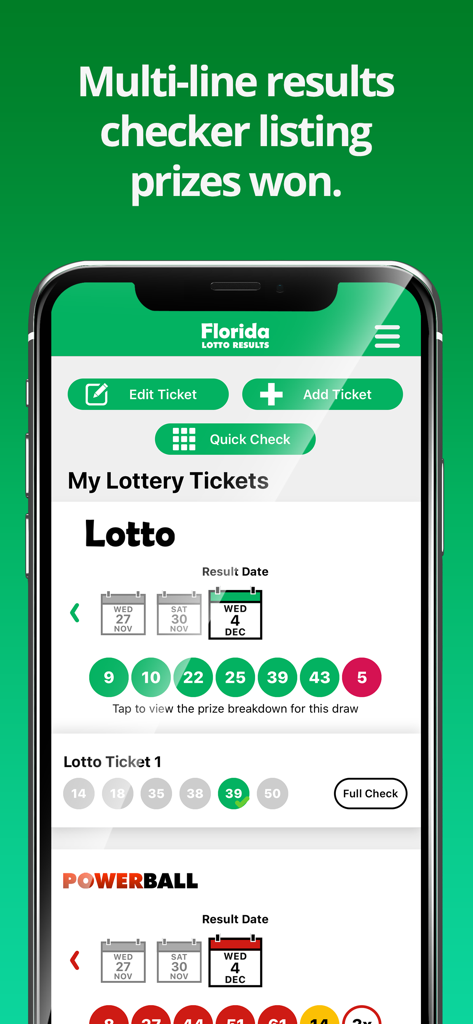 Florida Lotto Results app ticket checker showing lottery prize results